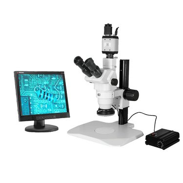 6.5X-45X Super Widefield Zoom Stereo Microscope, Trinocular, Track Stand, LED Ring Light + 2M VGA Digital Camera, SKU SZ02020077, three quarter front view