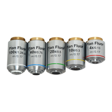 Infinity-Corrected Plan Fluor Semi-Apochromatic Microscope Objective Lens Set (Oil Spring) 4X 10X 20X 40X 100X, SKU FM05103051, three quarter front view