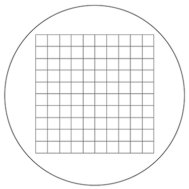 Microscope Eyepiece Reticle Net Grid Micrometer 10x10mm, 100 Squares, Dia. 18mm 1.5mm, SKU RT20105111, three quarter front view