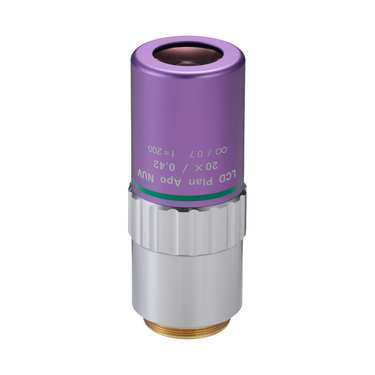 Objective Working Distance 16.96mm 20X LCD Infinity Long Working Distance Plan Apochromatic NUV Objective, SKU Mitutoyo-378-890-8, three quarter front view