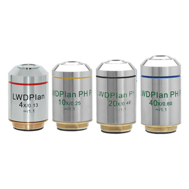 Infinity-Corrected (LWD Plan PH P) Achromatic Positive Phase Contrast Microscope Objective Lens Set 4X 10X 20X 40X, SKU PH03033031, three quarter front view