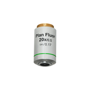 20X Infinity-Corrected Plan Fluor Semi-Apochromatic Microscope Objective Lens Working Distance 2.33mm, SKU FM05103451, three quarter front view