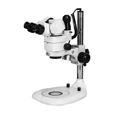 3.44X/6.25X/10.94X/18.75X/34.38X Post Stand LED Dual Illuminated Light Trinocular Parallel Multiple Power Operation Stereo Microscope, SKU SM51030251, three quarter front view
