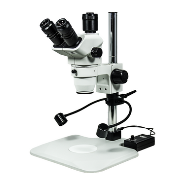 6.7-45X LED Light Post Stand Trinocular Zoom Stereo Microscope, SKU SZ02060238, three quarter front view