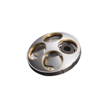 Quadruple (4) Holes, 3 parcentering adjustment Quadruple (4) Holes Nosepiece, SKU Mitutoyo-378-018, three quarter front view