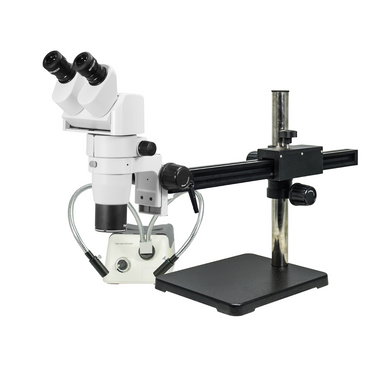8-80X Ball Bearing Boom Stand Halogen Light Binocular Parallel Zoom Stereo Microscope, SKU PZ02080266, three quarter front view