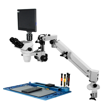 2.0 Megapixels 3.35-22.5X CMOS Pneumatic Arm Trinocular Zoom Stereo Microscope, SKU SZ02060755, three quarter front view