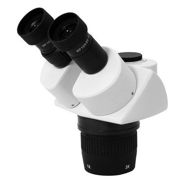 10X/30X Dual Power Stereo Microscope Head, Trinocular, Focusable Eyepiece, SKU FS05031231, three quarter front view