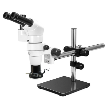 8-50X LED Light Boom Stand Trinocular Parallel Zoom Stereo Microscope, SKU PZ02040133, three quarter front view