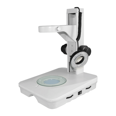 Microscope Track Stand, 76mm Fine Focus Rack, LED Ring Light, LED Light Base (Dimmable), SKU ST04040301, three quarter front view