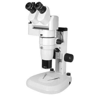 8X-65X Widefield Parallel Zoom Stereo Microscope, Trinocular, Track Stand + Single Port Photo/Video Beam Splitter, Siedentopf 0-35° Viewing Angle, SKU PZ04010231, three quarter front view