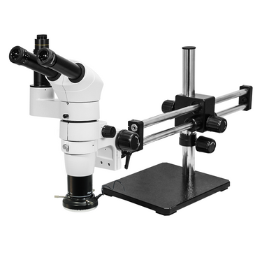 8-80X LED Light Dual Arm Stand Trinocular Parallel Zoom Stereo Microscope, SKU PZ02050132, three quarter front view