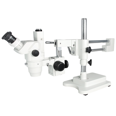 6.7-45X Dual Arm Stand Trinocular Zoom Stereo Microscope, SKU SZ05010134, three quarter front view