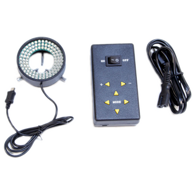 96 LED Microscope Ring Light with Four-Zone Quadrant Control 50mm 4W, SKU ML23241631, three quarter front view