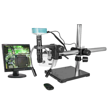 0.35X-2.25X Industrial Inspection Video Zoom Microscope, Boom Stand, Halogen Fiber Optic Illuminator + HDMI Camera, SKU MZ02010142, three quarter front view