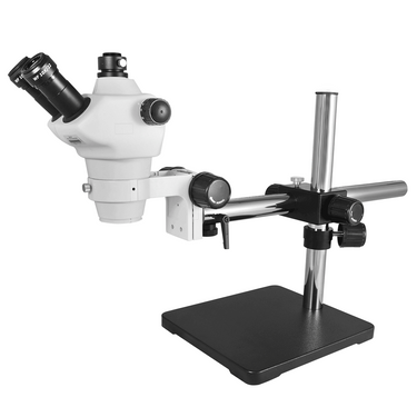 8X-50X Widefield Zoom Stereo Microscope, Trinocular, Single Arm Boom Stand, SKU SZ02030441, three quarter front view