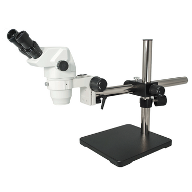 6.5X-45X Super Widefield Zoom Stereo Microscope, Binocular, Single Arm Boom Stand, SKU SZ02020461, three quarter front view