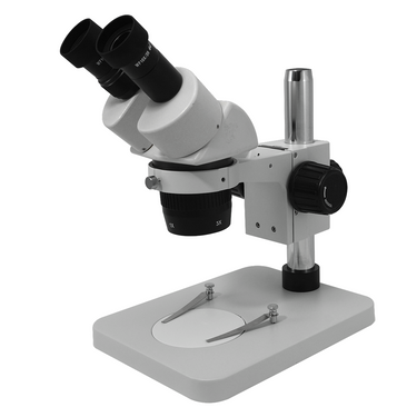 10X/30X Widefield Stereo Microscope, Binocular, Post Stand (Height 250mm) Rectangle Base, SKU FS05030221, three quarter front view