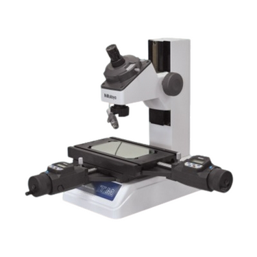 30X LED Dual Illuminated Light XY Stage Travel Distance 4x2″ Measurement Microscope (Measuring Range: 100x50, Micrometer Heads Included), SKU Mitutoyo-176-821-11A, three quarter front view