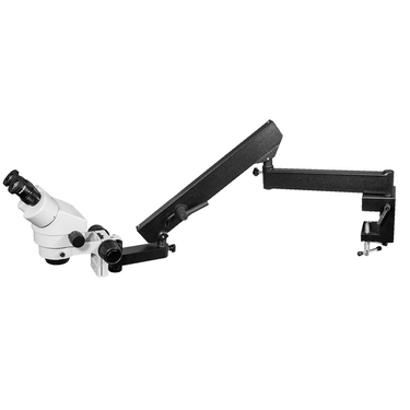 7X-45X Widefield Zoom Stereo Microscope, Binocular, Flexible Articulating Arm Table Clamp (Siedentopf), SKU SZ02010621, three quarter front view