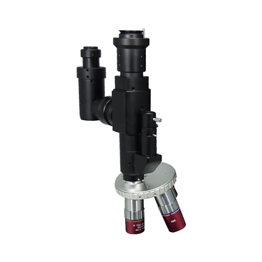 1X Quadruple (4) Holes Objective Working Distance 20.5mm Objective Working Distance 30.8mm Objective Working Distance 34mm Objective Working Distance 45mm Laser Video Microscope Body, SKU LM18011212, three quarter front view