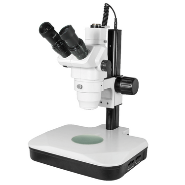 6.5X-45X Super Widefield Zoom Stereo Microscope, Trinocular, Track Stand (Track Length 325mm) Halogen Top Light and Fluorescent Bottom Light, SKU SZ02020079, three quarter front view