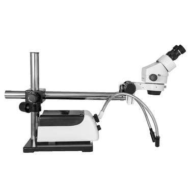 7X-45X Widefield Zoom Stereo Microscope, Brinocular, Single Arm Boom Stand + Halogen Fiber Optic Illuminator