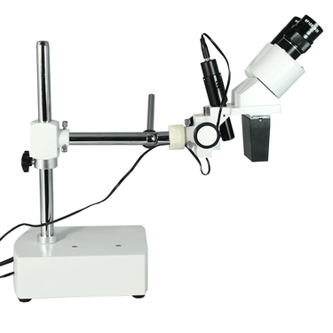 10X Widefield Stereo Microscope, Binocular, Single Arm Boom Stand with Arbor, LED Top Light