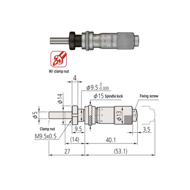 0-0.50″ Mechanical Micrometer Head Graduation 0.001″ 0.5"Flat with Clamp Nut Mechanical Micrometer Head (with Spindle Lock, Thimble Diameter: Dia. 13mm) Mitutoyo-148-122-10