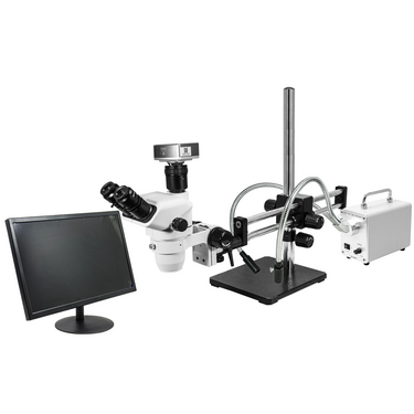 2.0 Megapixels 6.7-45X CMOS LED Light Dual Arm Stand Trinocular Zoom Stereo Microscope, SKU SZ02060557, three quarter front view