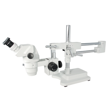 6.7-45X Dual Arm Stand Binocular Zoom Stereo Microscope, SKU SZ05010124, three quarter front view