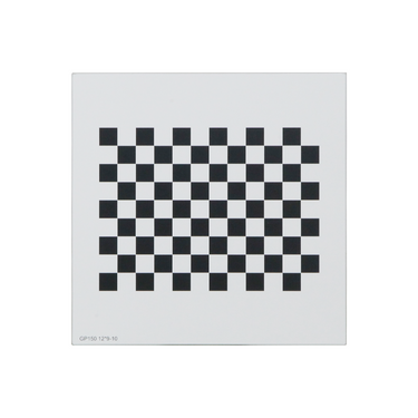 Manufacturing Precision ±10μm Glass Checkerboard Calibration Target (150x150mm 12x9), SKU CT20020103, three quarter front view