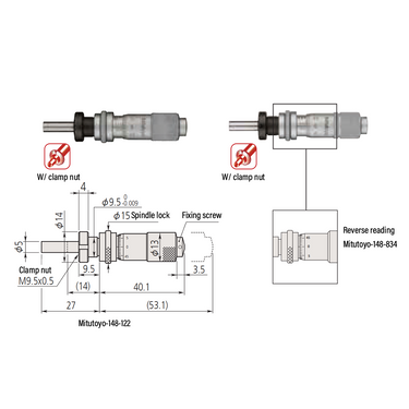 0-0.50″ Mechanical Micrometer Head Graduation 0.001″ 0.5" Flat with Clamp Nut Mechanical Micrometer Head (with Spindle Lock, Thimble Diameter: Dia. 13mm, Reverse Reading) Mitutoyo-148-834