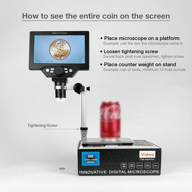 1-1200X LED Digital Microscope, HD 7 inch LCD Screen, 12 MP