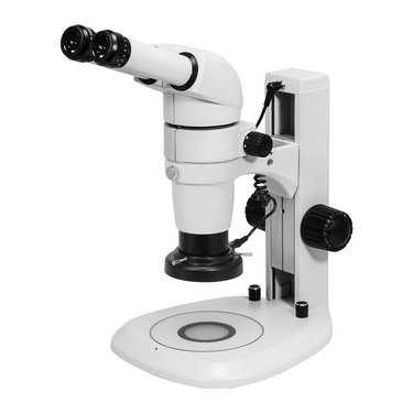 8-65X LED Transmitted Light Track Stand Binocular Parallel Zoom Stereo Microscope, SKU PZ17110121, three quarter front view