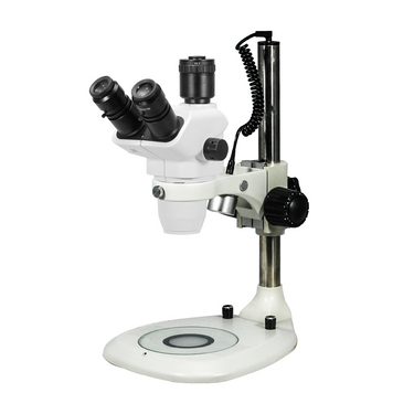 6.7-45X Post Stand LED Dual Illuminated Light  Trinocular Zoom Stereo Microscope, SKU SZ02060291, three quarter front view