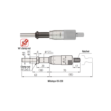 0-1″ Mechanical Micrometer Head Graduation 0.001″ 1" Flat with Clamp Nut Mechanical Micrometer Head (Thimble Diameter: Dia. 21mm, Spindle Diameter: Dia. 8mm) Mitutoyo-151-239