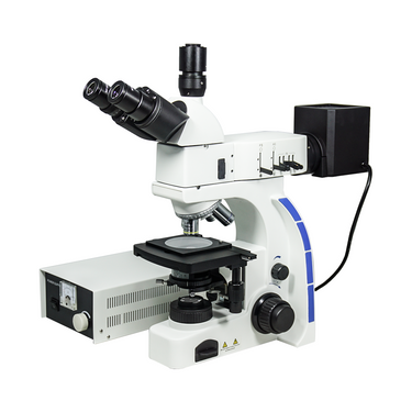 100X-800X Metallurgical Microscope, Trinocular, Dual Halogen Light, Bright Field + Polarizing Kit, SKU MT03020313, three quarter front view