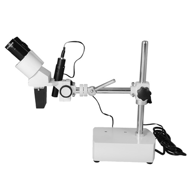 5X Widefield Stereo Microscope, Binocular, Single Arm Boom Stand with Arbor, LED Top Light