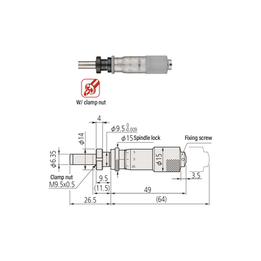 0-0.60″ Mechanical Micrometer Head Graduation 0.001″ 0.6" Flat with Clamp Nut Zero-Adjustable Mechanical Micrometer Head (with Spindle Lock, Thimble Diameter: Dia. 15mm) Mitutoyo-149-182