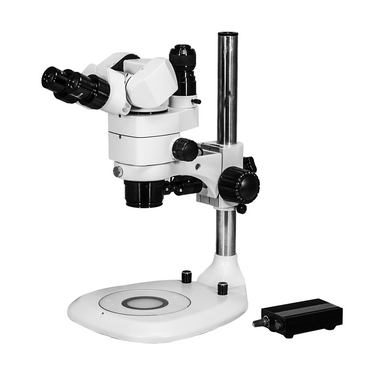 3.44X/6.25X/10.94X/18.75X/34.38X LED Light Post Stand LED Dual Illuminated Light  Trinocular Parallel Multiple Power Operation Stereo Microscope, SKU SM51030231, three quarter front view