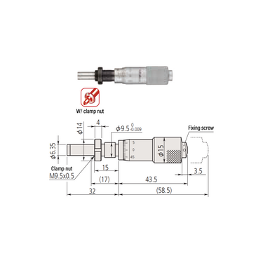 0-0.60″ Mechanical Micrometer Head Graduation 0.001″ 0.6" Flat with Clamp Nut Zero-Adjustable Mechanical Micrometer Head (Thimble Diameter: Dia. 15mm) Mitutoyo-149-147