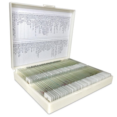 100 Prepared Microscope Slides Specimen Set, Plant Animal Human Anatomy Cells, SKU SL39901008, three quarter front view