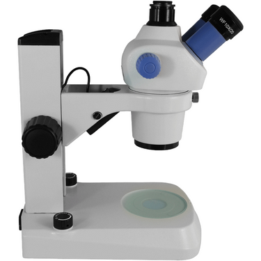 7X-30X Widefield Zoom Stereo Microscope, Trinocular, Track Stand, LED Top and Bottom Light (45° Viewing Angle)