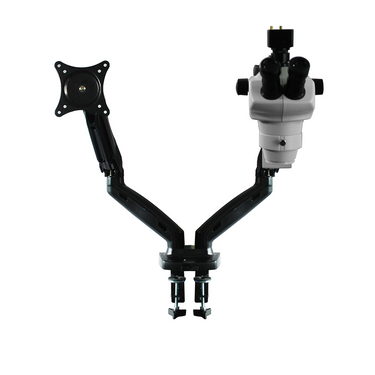 8X-50X Widefield Zoom Stereo Microscope, Trinocular, Pneumatic Articulating Arm Table Clamp + Monitor Holder