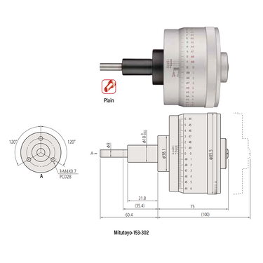 0-1″ Mechanical Micrometer Head Graduation 0.00001″ 1" Flat Mechanical Micrometer Head (Thimble Diameter: Dia. 85.5mm, Spindle Diameter: Dia. 8mm, Bidirectional Grad) Mitutoyo-153-302