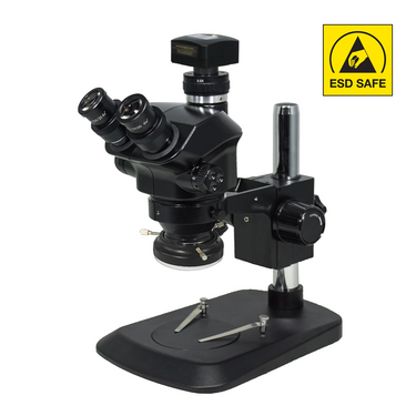 3.0 Megapixels 7-50X CMOS ESD Safe UV FREE LED Light Post Stand ESD Trinocular Zoom Stereo Microscope, SKU SZ02090136, three quarter front view