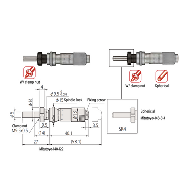 0-0.50″ Mechanical Micrometer Head Graduation 0.001″ 0.5" Spherical with Clamp Nut Mechanical Micrometer Head (with Spindle Lock, Thimble Diameter: Dia. 13mm) Mitutoyo-148-814-10