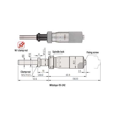 0-1″ Mechanical Micrometer Head Graduation 0.001″ 1" Flat with Clamp Nut Mechanical Micrometer Head (with Spindle Lock, Thimble Diameter: Dia. 21mm, Spindle Diameter: Dia. 8mm) Mitutoyo-151-242-10