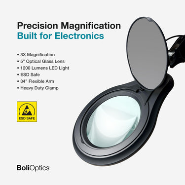 ESD 8 Diopter (3X) LED Magnifying Lamp with Clamp - 5-inch Glass Lens and Flip Cover